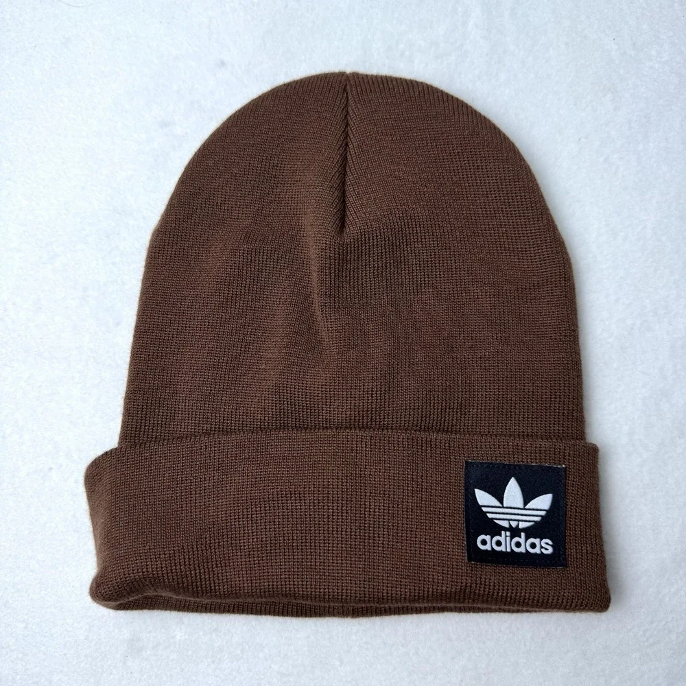 Adidas Dark Brown Knit Beanie Stocking Cap Hat Cuffed Trefoil Patch Athleisure‎